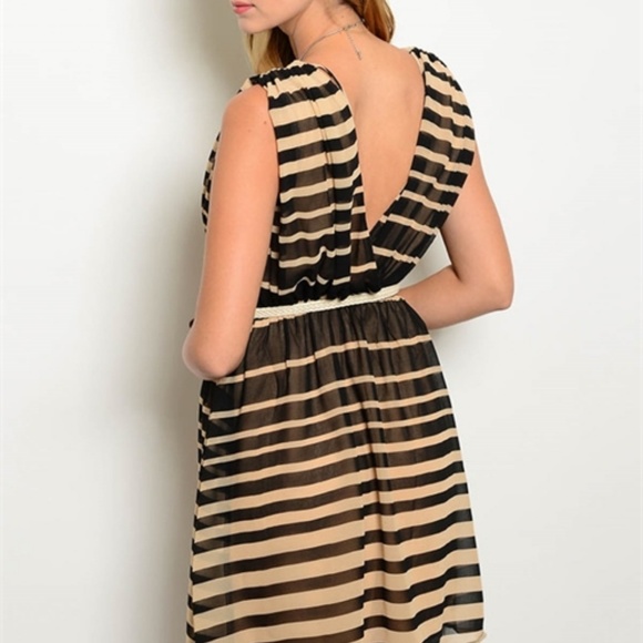 Taupe and Black Striped Dress with Deep V & Belt! - Picture 3 of 8